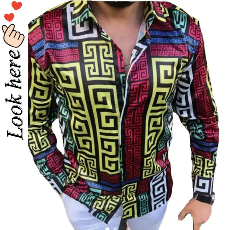 

Рубашка мужская с длинным рукавом, повседневная приталенная кофта на пуговицах, с отложным воротником, с винтажным принтом, весна-осень