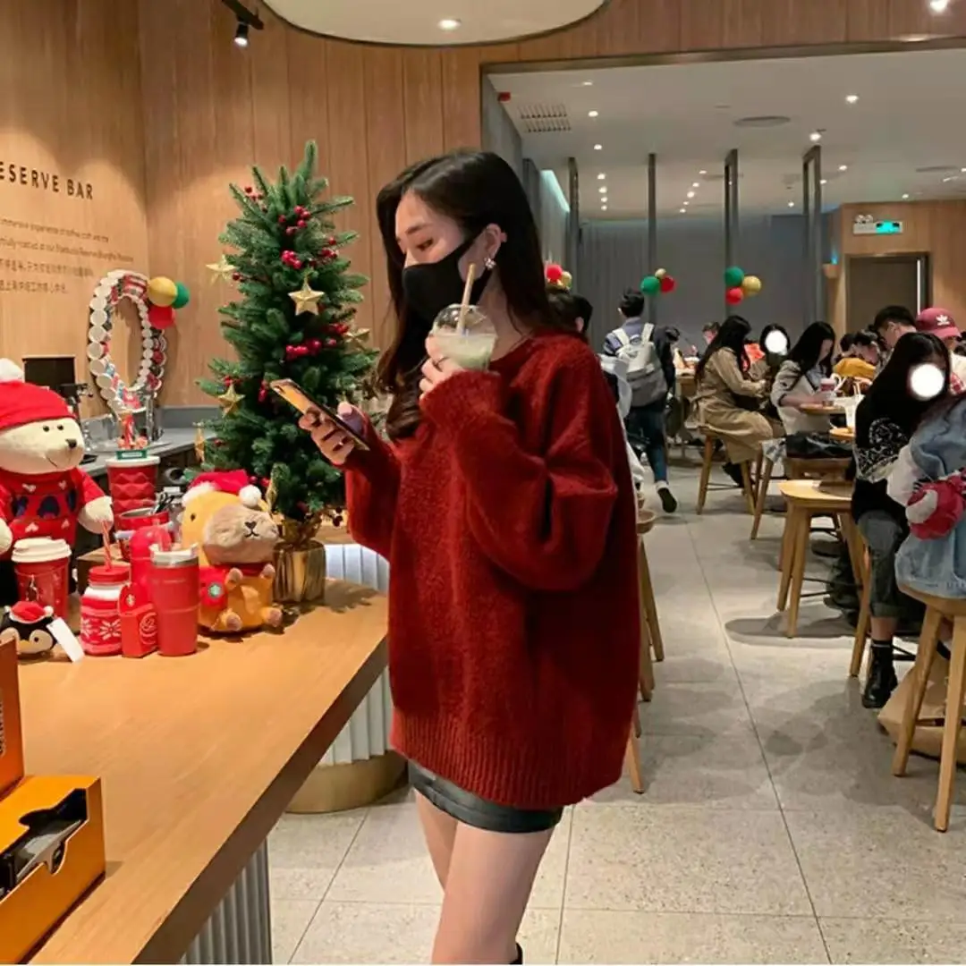 Пуловеры женские бордовые свободные милые праздничные Простые повседневные