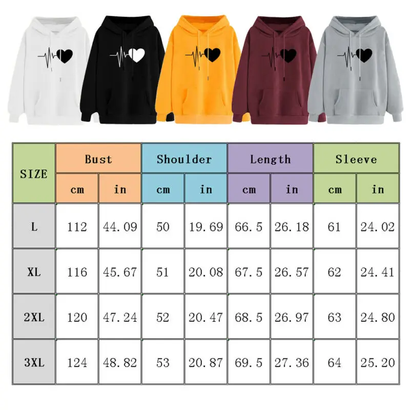 Women's Hoodie Sweatshirt Solid Colors Hooded Pullover Female Casual Long Sleeve Heart Print Pullover Outfits Plus Size 3XL