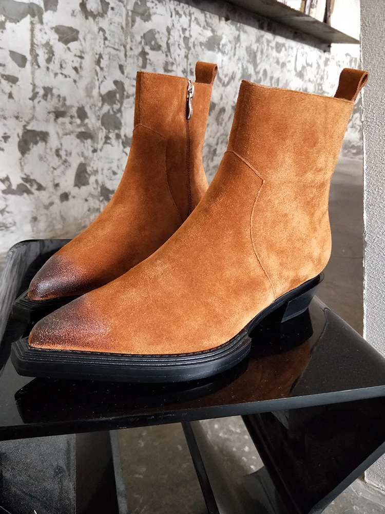 Женские замшевые ботинки-челси с острым носком и квадратным | Обувь