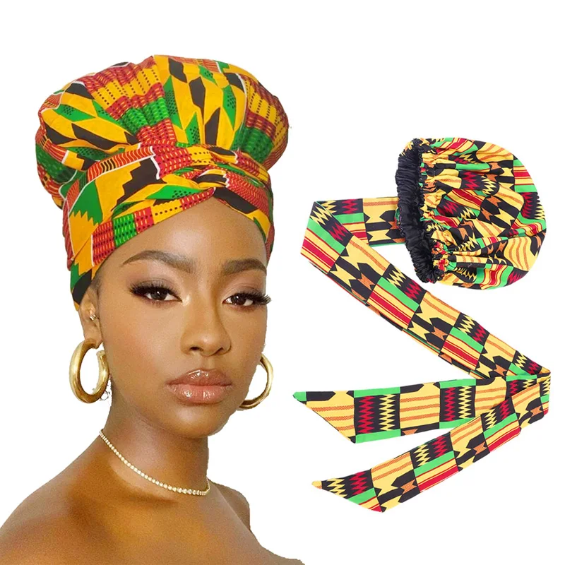 African Print Satin Bonnet With Long Ribbon Wrap Double Layer Headwrap Ankara Pattern Women Hair Cover Large Size Hair Wrap Cap