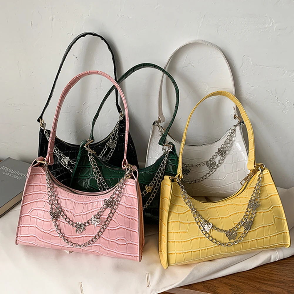 

Ladies Solid Color Small Underarm Bag Alligator Pattern Butterfly Chain Shoulder Shopping Bag PU Leather Zipper Handbags