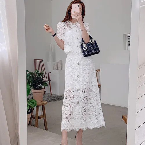 

Korean Style Two Piece Set Top And Skirt Lace Women's Summer Suit Ensemble Femme Deux Pieces Conjunto Feminino Matching Sets