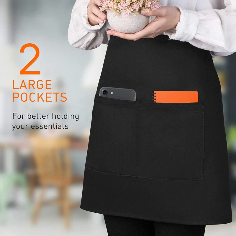 

Cotton Large Size Waist Apron, 2 Pockets Waitress Service Aprons for Kitchen Restaurant, Black (2 Pack)