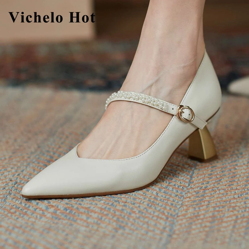 

Vichelo Hot genuine leather pointed toe strange high heels pearl decoration fairy style beauty lady dance party women pumps L31