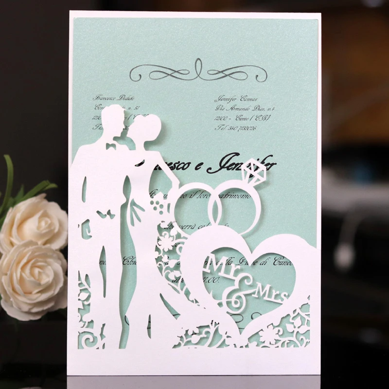 

(50 pieces/lot) Laser Cut Bride Groom White Wedding Rings Invitation Card Customized Print Greeting Card For Party Favors IC156