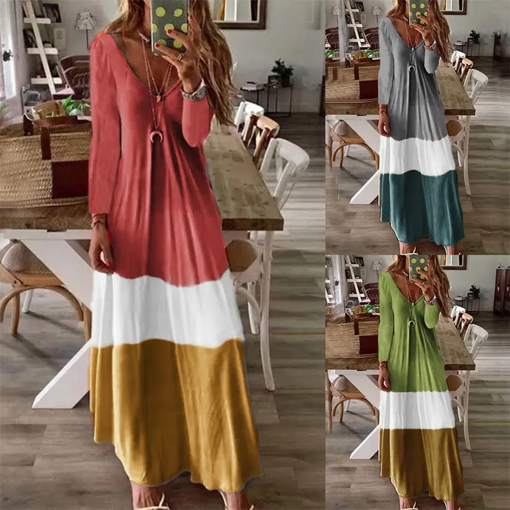 

Women Contrast Dress Loose V-neck Long-sleeved Dress Summer Beach Party -OPK