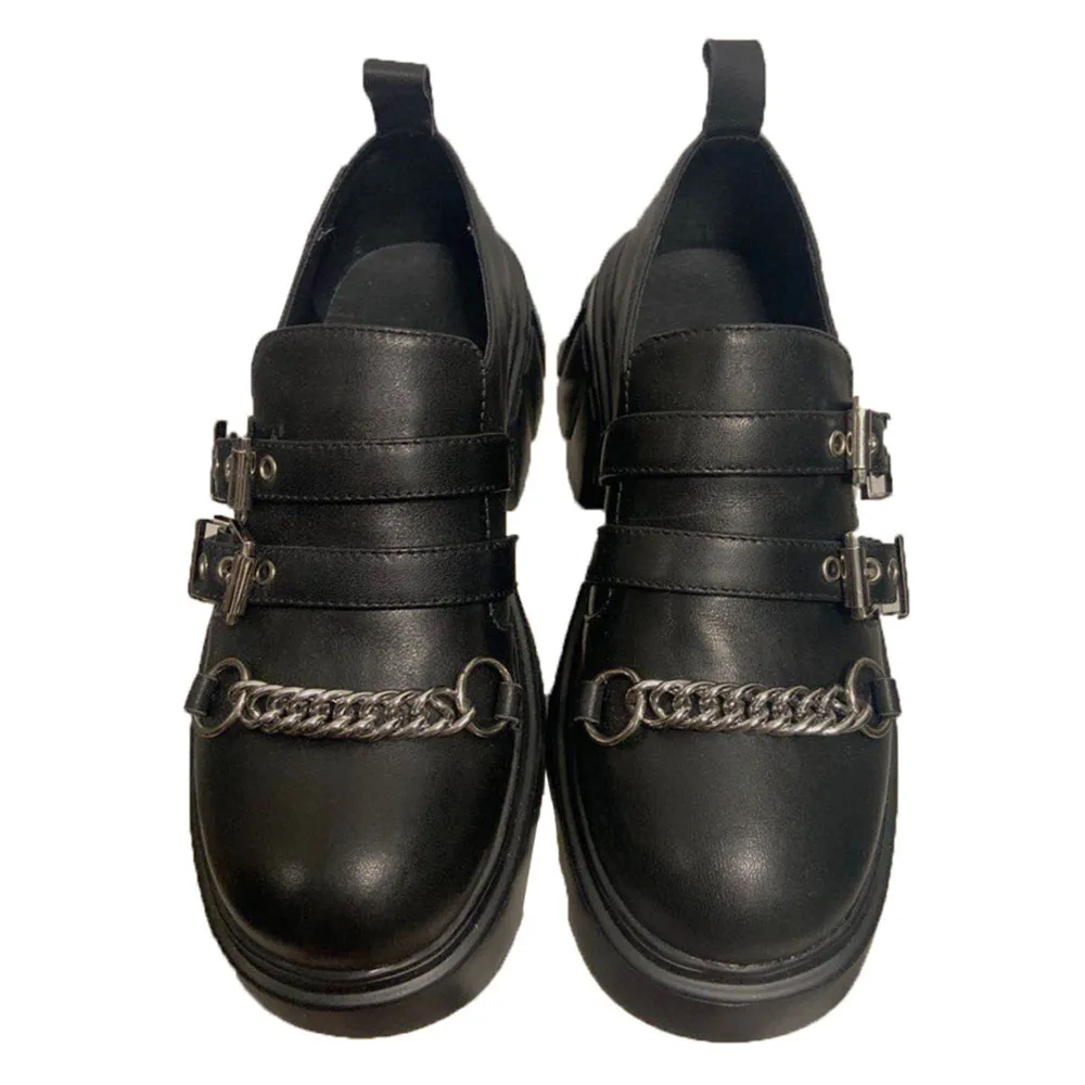 

Punk Vintage Mary Jane Shoes Women Gothic Lolita Japanese Preppy Style Chain Platform Genuine Leather Shoes Thin Black