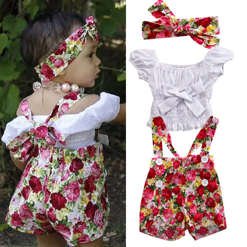 

Summer Toddler Girls Bow Shirt and Floral Brace Shorts +Headband 3PCS Sets Kids Baby Girl Clothes Sets Outfits