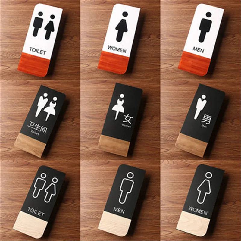 

Acrylic Wood Grain Toilet Sign Prompt Men & Women Wc Restroom Signs Door Sticker Doorplate Creative Signage