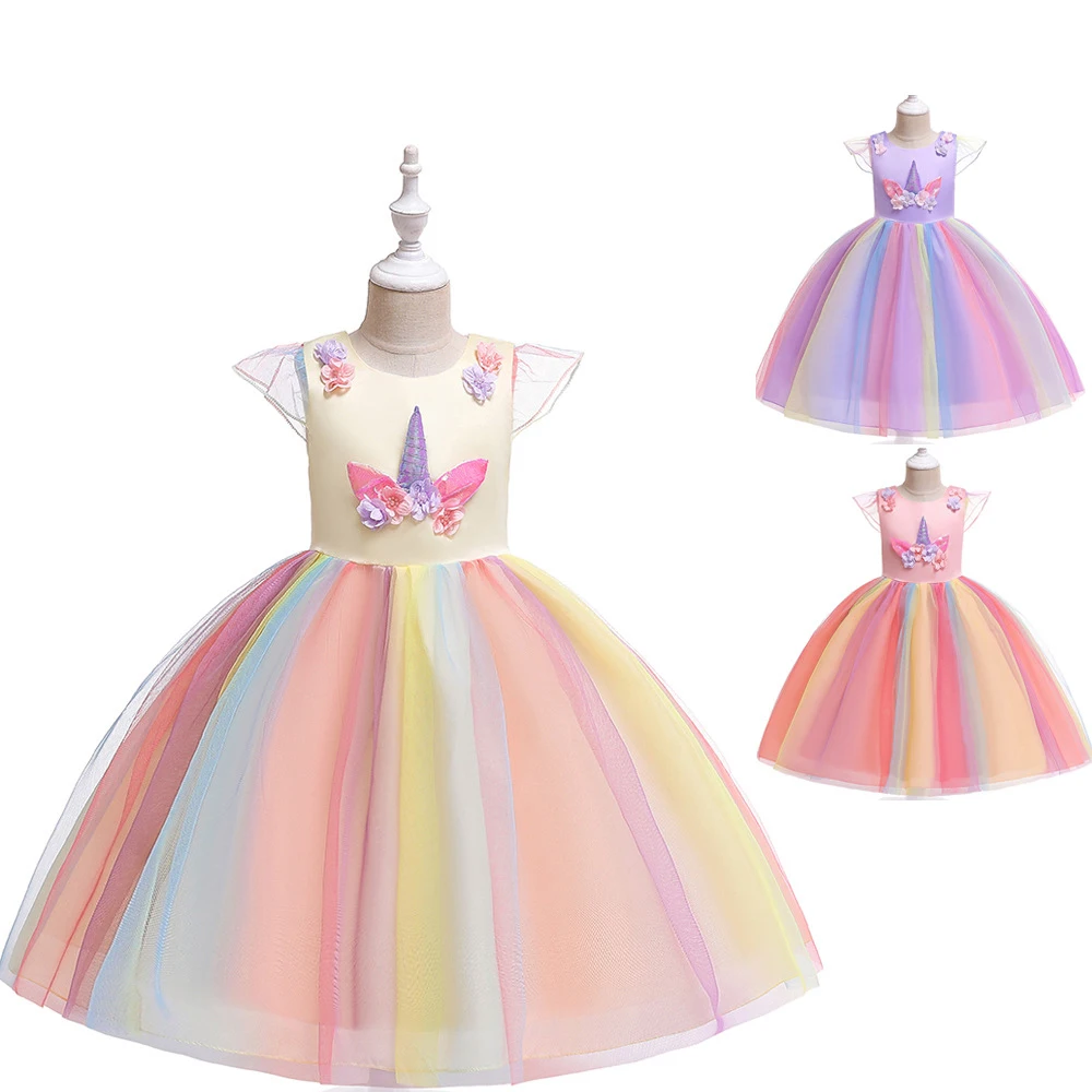 

Hot Sale Children's Elegant Fashion Princess Dress Unicorn Rainbow Mesh New Girls Wedding Party Short Sleeve Kids Dresses