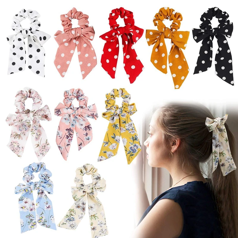 

2019 Bohemian Polka Dot Floral Printed Ribbon Bow Hair Scrunchies Women Elastic Hair Band Ponytail Scarf Hair Ties Accessories
