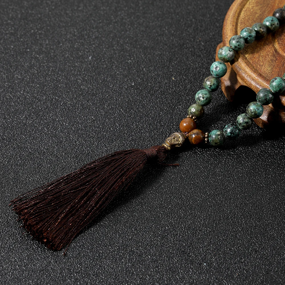 OAIITE 108 Beads African Turquoise Tiger Eye Stone Necklace Golden Buddha Head with Long Tassel Knotted Mala Jewelry | Украшения и