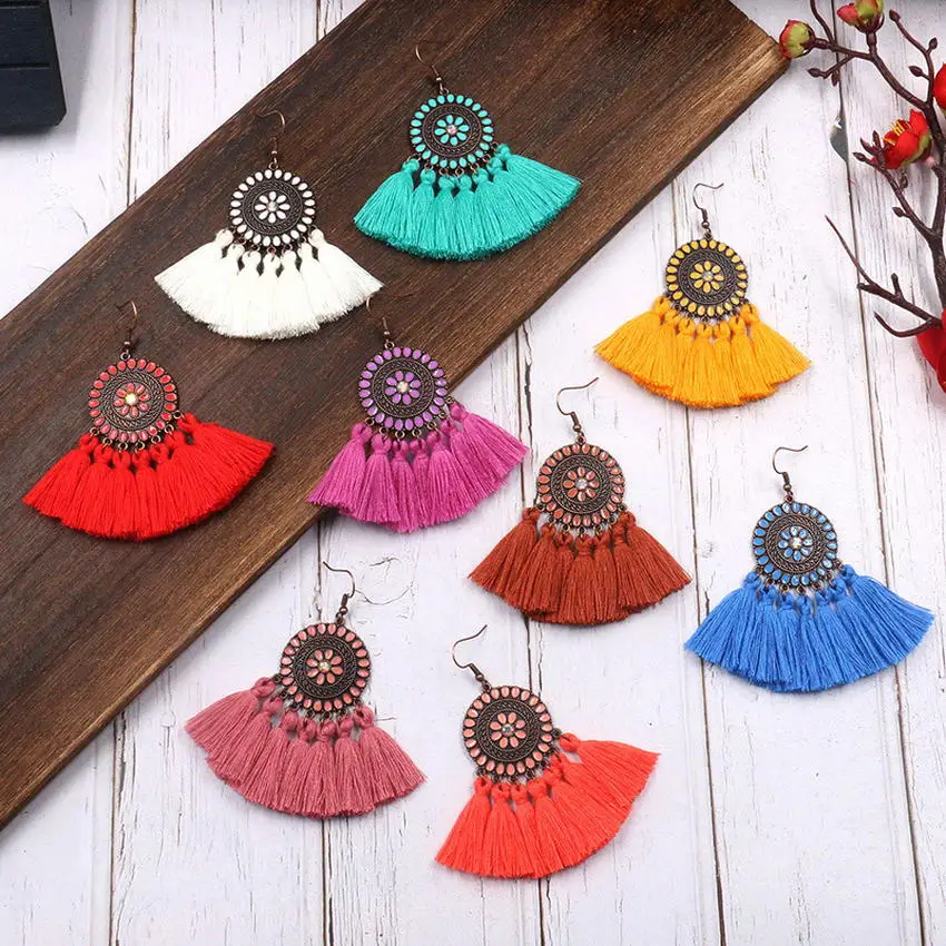 

Multicolor Boho Cotton Thread Fan Shaped Fringed Tassel Earrings Women Durable Fashion Sunflower Crystal Alloy Macrame Jewelry