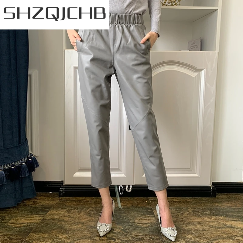 

JCHB 2021 Red Sheepskin Real Leather Women Office Korean Harem Pants Streetwear Casual Loose Mid Waist Trousers Pantalones Large