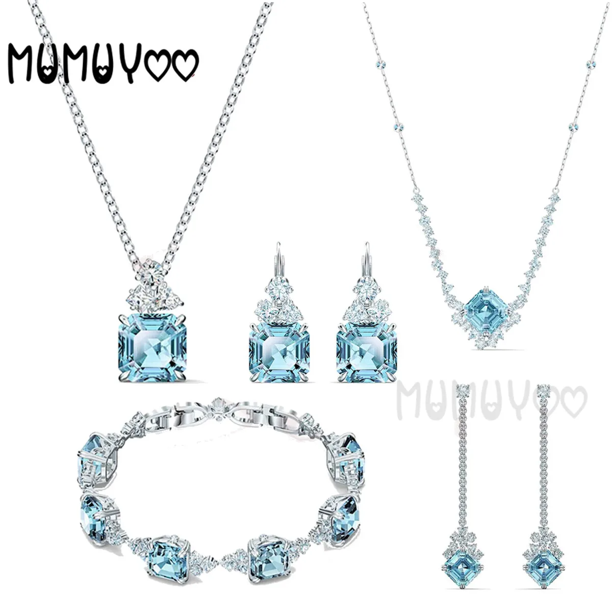 

SWA High Quality Fashion Jewelry Charm Blue Square Exquisite Blue Square Crystal Female Romantic Jewelry Gift Necklace For Women