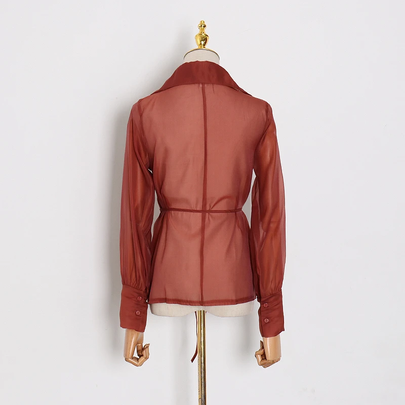 Женская блузка с отворотом TWOTWINSTYLE сетчатая рукавами-фонариками и бантом