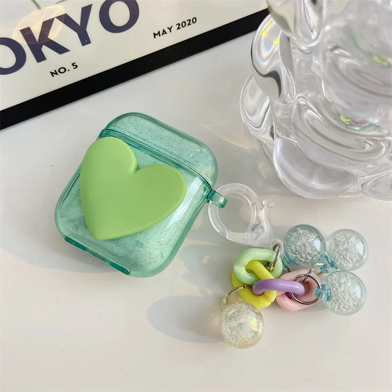 

Transparent Green Heart Pendant Ear Case Apple AirPods 1 and 2 Case Airpods Pro Case Airpod 3 Case Earphone Accessories Case