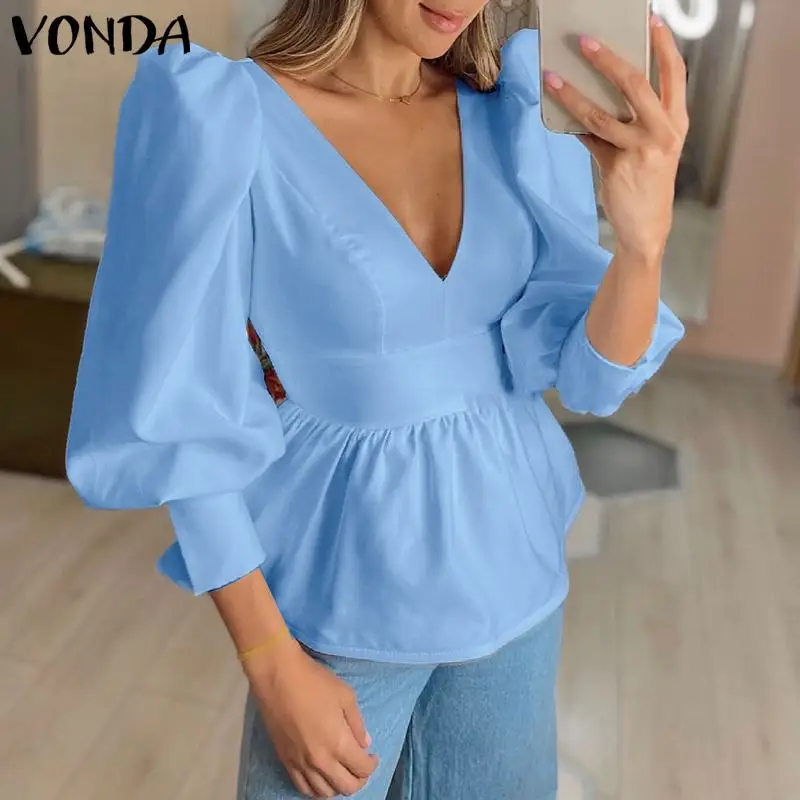 

VONDA 2022 Women Elegant Blouse Sexy Puff Sleeve V Neck Party Shirts Female Casual Ladies Office Formal Blouse Oversized Blusas