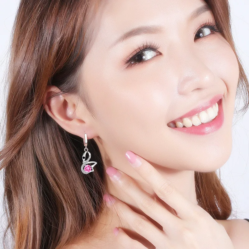 

925 Sterling Silver 2021 New Women's Fashion Jewelry High Quality Swan Earrings Blue Pink Crystal Zircon Earrings