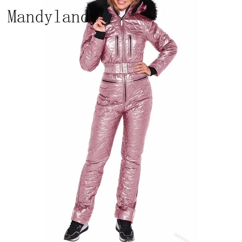 

Mandylandy Jumpsuits Winter Long Sleeve Elastic High Waist Hooded Ski Straight Jumpsuits Women's Solid Slim-Fit Zipper Jumpsuits