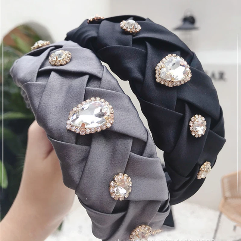 

Retro Handmade Hair Bands for Women Cross Knit Pleated Wide Alloy Rhinestone Elegant Headbands Female Bezel Hair Accessories