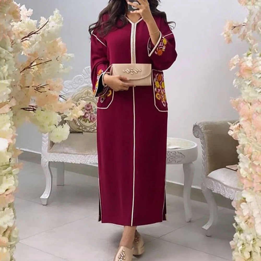 

Embroidery Women's Dress Floral Summer Red Muslim Long Dresses Casual Straight Loose Maxi Vestiods Pocket Hood African Ladies