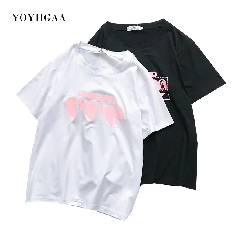 Летняя женская футболка с принтом сердца топы круглым вырезом и коротким рукавом