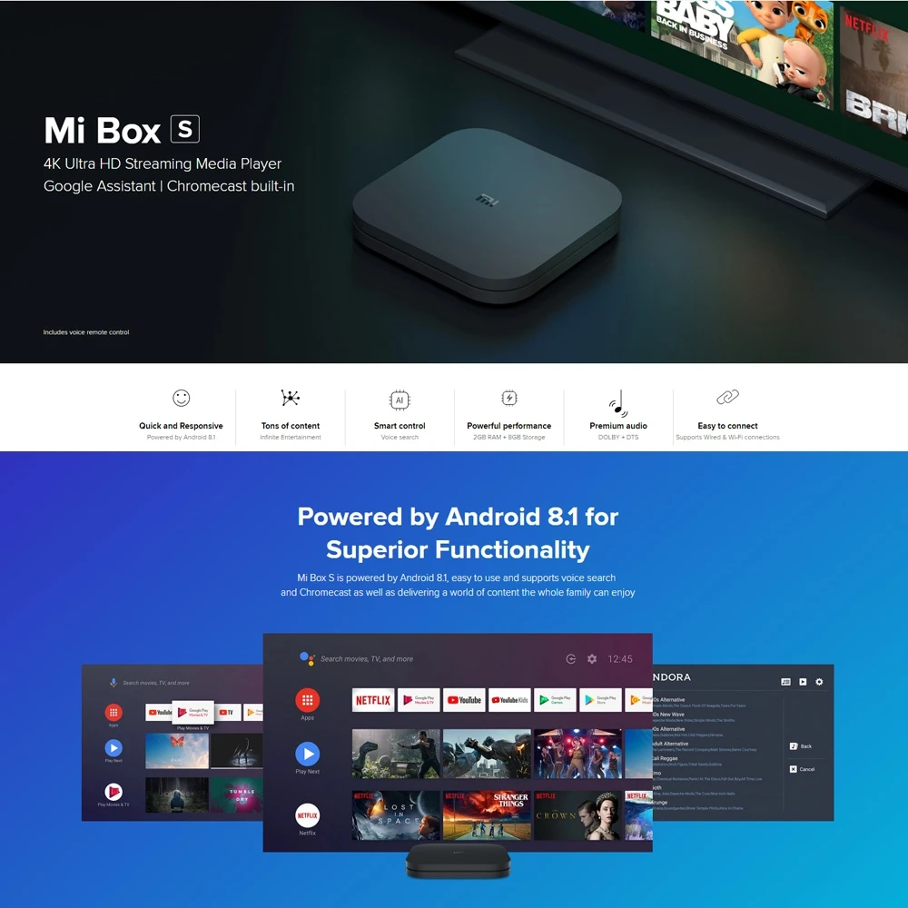 Оригинальный ТВ-приставка Xiaomi Mi Box S 4K HDR Android TV 8 1 2G 8G WIFI Google Cast Netflix IPTV телеприставка