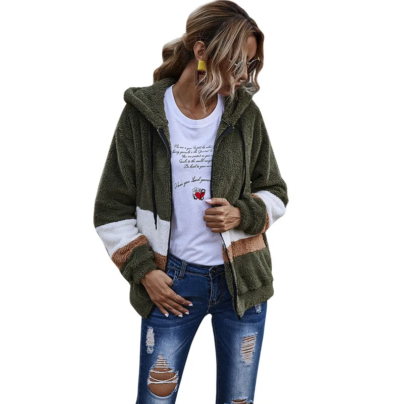 

2020 Women's new autumn/winter stitching zip-up teddy velvet hooded coat woman