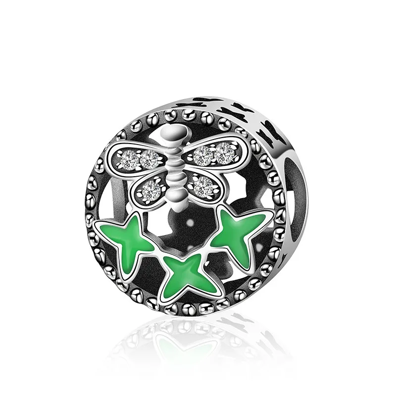 

2018 New Round Hollow Silver Charms Bracelet Carving Green Butterfly Zircon Gift Spacer Beads for Jewelry LE081-LE100