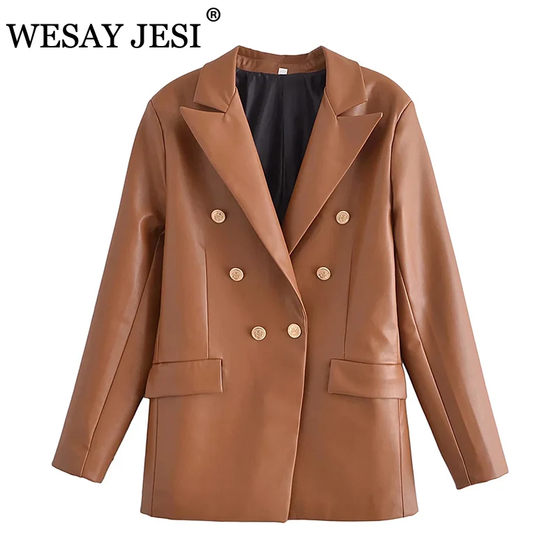 

WESAY JESI ZA Women's Autumn Coat Double Breasted PU Faux Leather Jacket Vintage Pocket Long Sleeve Top Loose Chic Outerwear