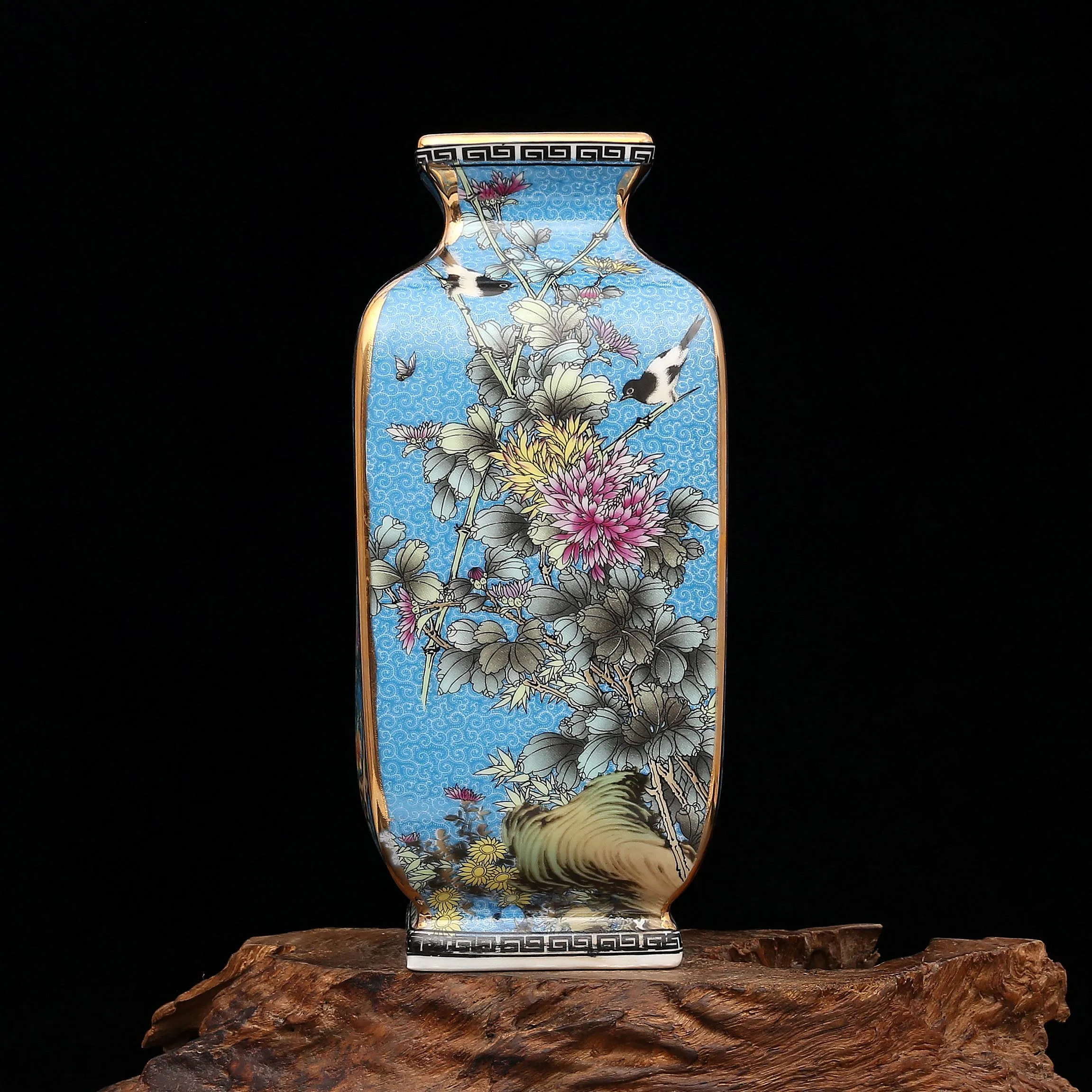 Династия Цин Qianlong Эмаль живопись Золотой квадрат Цветок и вазы птицы антикварный