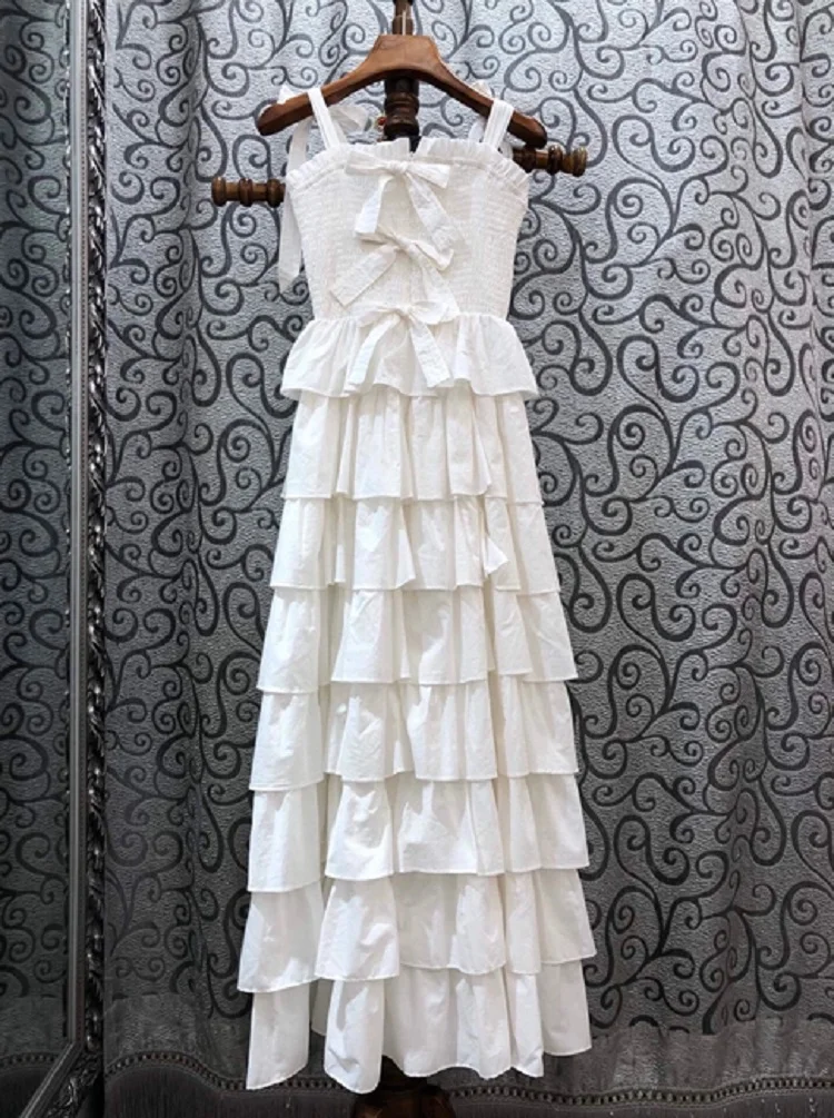

Yellow Long White Dress 2021 Summer Style Women Spaghetti Strap Bow Deco Cascading Ruffle Patchwork Sleeveless Casual Maxi Dress