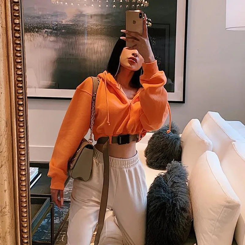 Неоновая оранжевая свободная флисовая укороченная Толстовка Женская мода