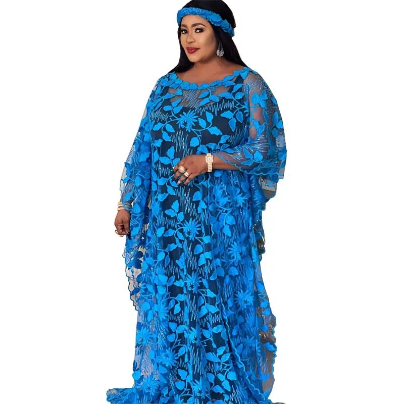 

New African Women Dashiki Tulle Fabrics Lace Abaya Stylish Inside Skirt And Scarf Loose Long Dress 3-Piece Free Size