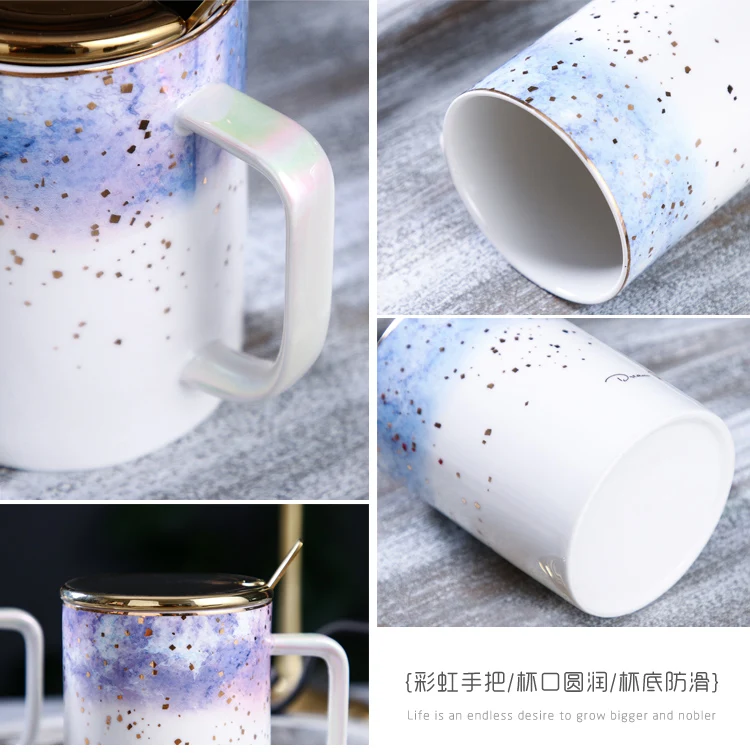 

Nordic Fantasy Starry Sky Mug Ceramic Mug Couple Pair Cup With Lid Spoon mugs coffee cups gift Golden stainless steel spoon
