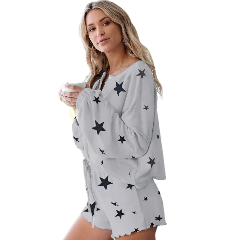 

Y2k Women Suit Pajamas Tie Dye Printing Ruffle Short Casual Suit Long Sleeved Top and Shorts Two Piece Pajamas Ins Hot Sale