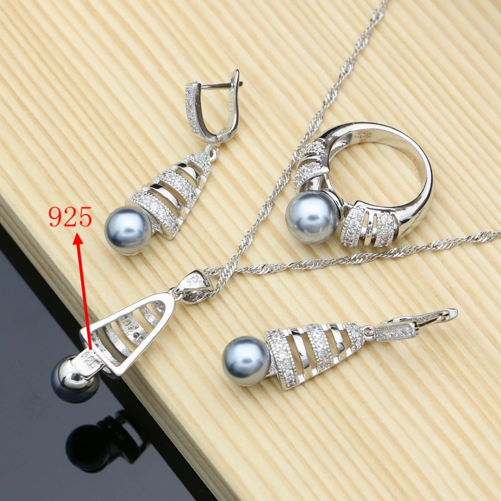 Черные жемчужины серебряные 925 ювелирные наборы для женщин свадебные серьги на каплях с жемчужным ожерельем, комплекты с кольцом, браслетом с кубическим цирконием.
