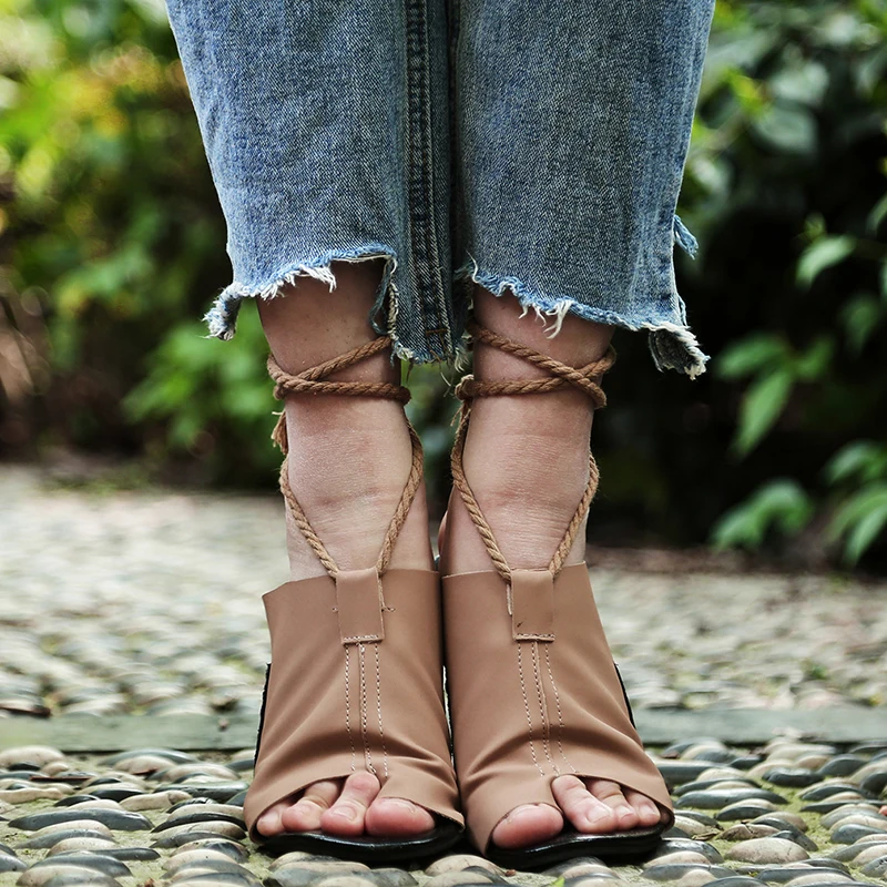 

Ankle-Strap Flats Shoes Gladiator Zapatos Mujer 2021 PU Leather Summer Sandals for Women Open Toe Casual Lace-Up Shoes