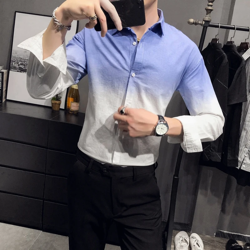 

New Simple Gradient Color Long Sleeve Dress Shirt Men Clothes 2021 Slim Fit Casual Business Office Blouse Homme Blue/Green 3XL-M