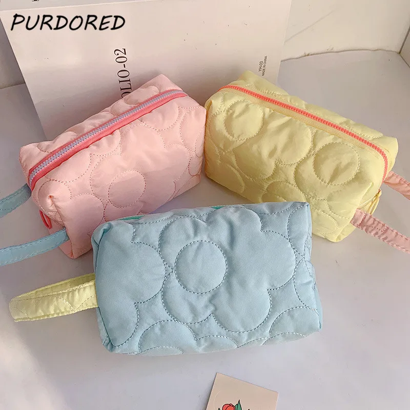 

PURDORED 1 Pc Solid Color Flower Women Cosmetic Bag Zipper Makeup Organizer Bag Travel Female Student Pencil Bag with Wrist Band