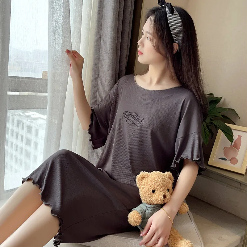 Summer New Short Sleeve Nightdress Women's Pit Stripe for  Korean Mid Skirt Nightgown & Sleepstirts Homewear Sleeping Wear