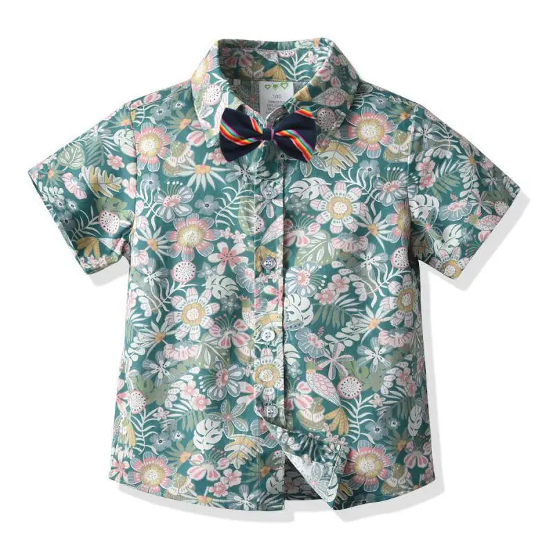 

Summer Beach Shirts For Children Short Sleeve Green Flower Kids Button Shirt Turn-down Collar Casual Baby Boys Shirts