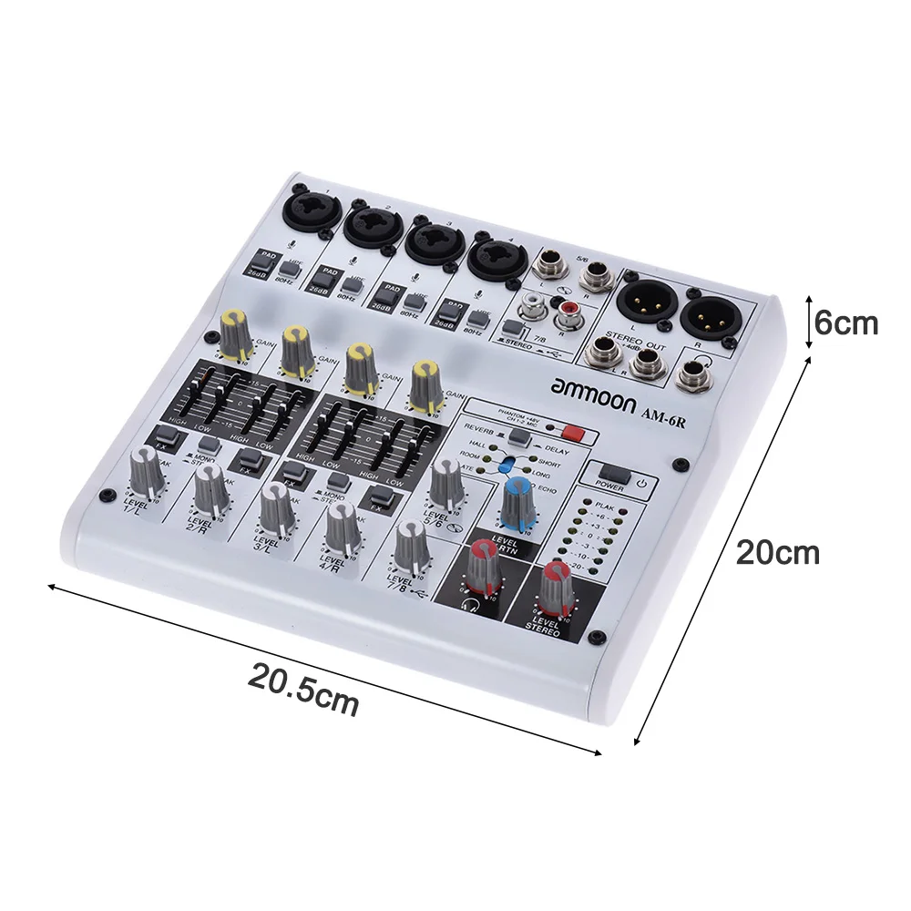 Микшерный пульт ammoon AM-6R 8-канальный со встроенным фантомным питанием 48 В от