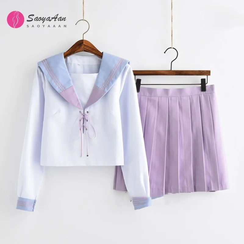 

Orthodox School Jk uniform Fragrant purple Patchwork Sweet college wind Long-sleeved shirt Sailor suit Harajuku Pleated skirt
