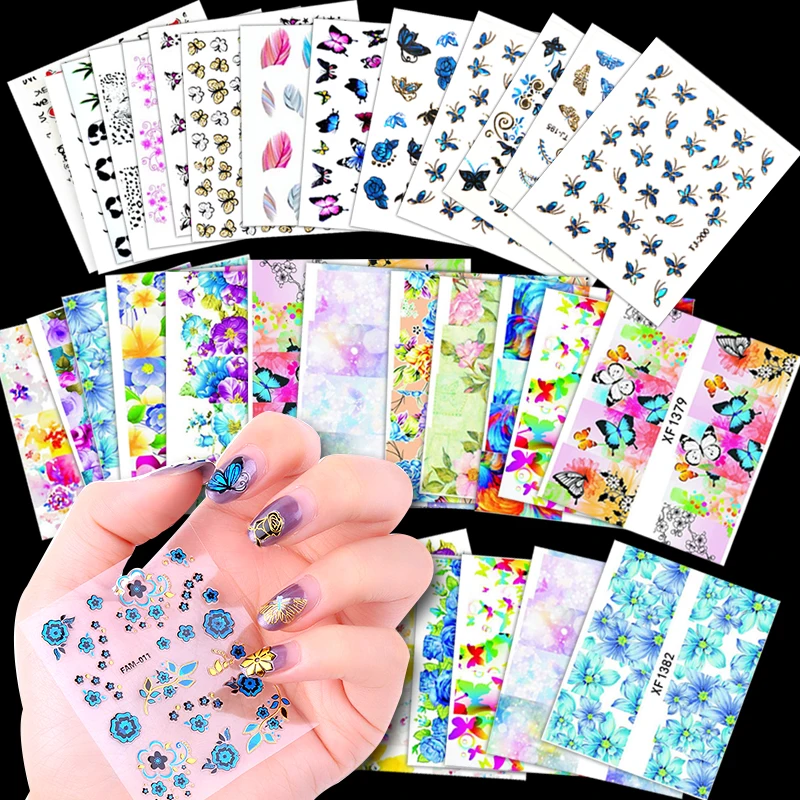 40 шт./лот наклейки для ногтей цветы бабочки клейкие Красочные Водные татуировки