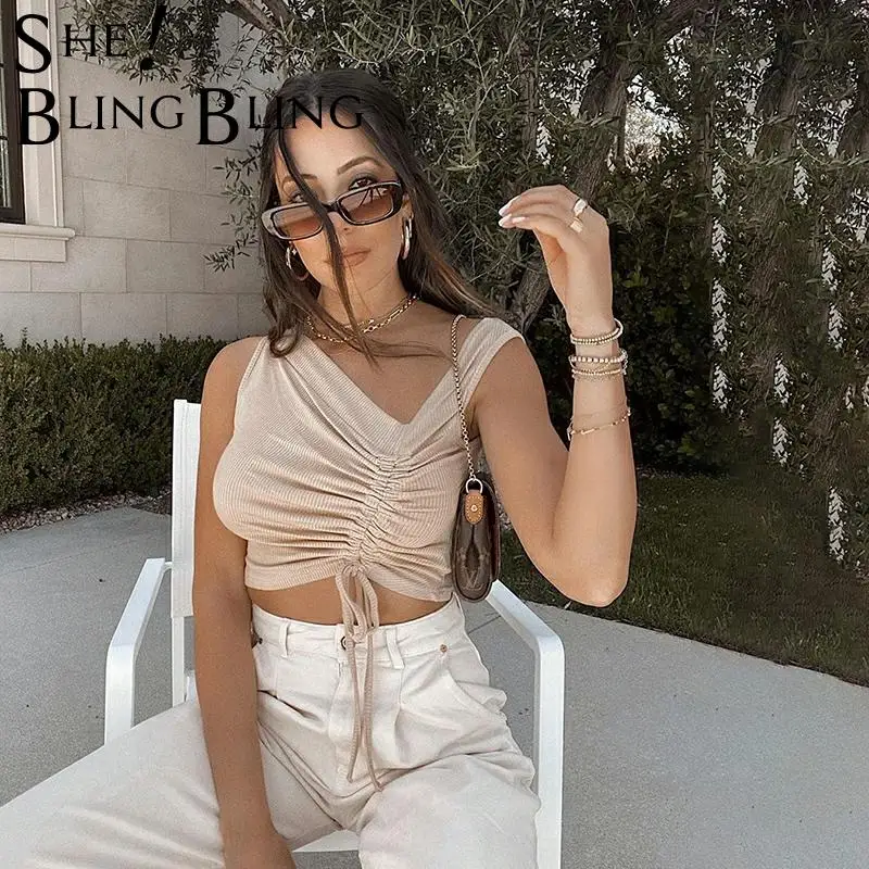 SheBling в рубчик без рукавов на лето Для женщин топы с бретельками и асимметричным