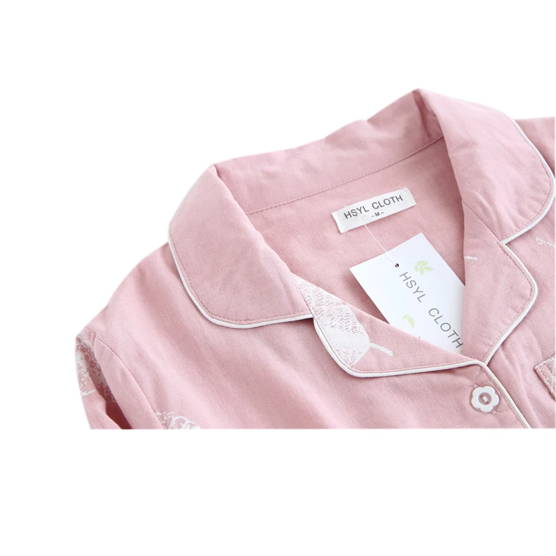 

Women Blue Pink Leaves Turn-Down Collar Pajamas Sets Ladies Gauze Cotton Simple Style Sleepwear Femme Comfortable Soft HomewearS