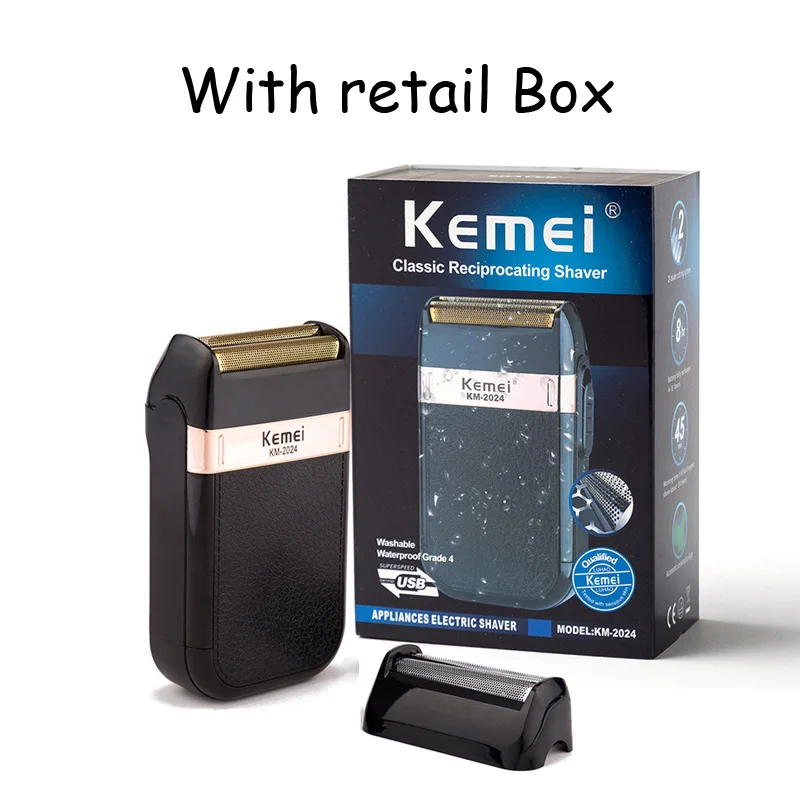 With package Электробритва Kemei с двойным лезвием, поршневая Беспроводная Бритва для бороды, станок для бритья, парикмахерский триммер, USB, Перезаряжаемый для мужчин - Цвет: With package